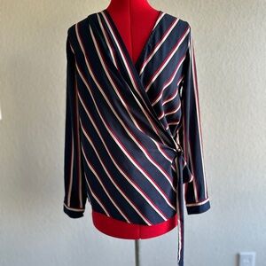 Missguided Blue and White Wrap Blouse with Tie Front